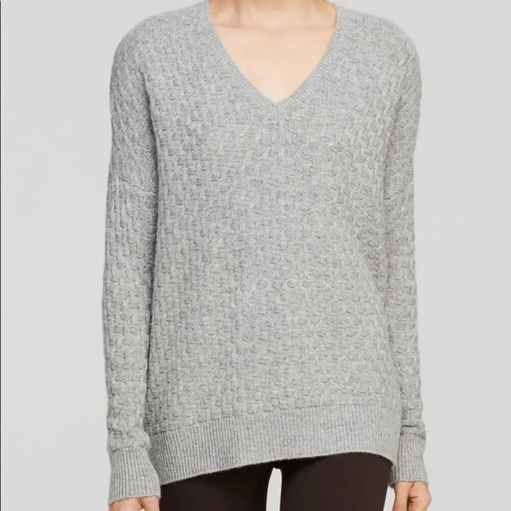 Vince Women's XL Light Gray Double V Textured Sweater Wool Cashmere